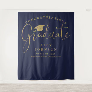 Navy Blue And Gold Graduation Party Photo Backdrop Tapestry