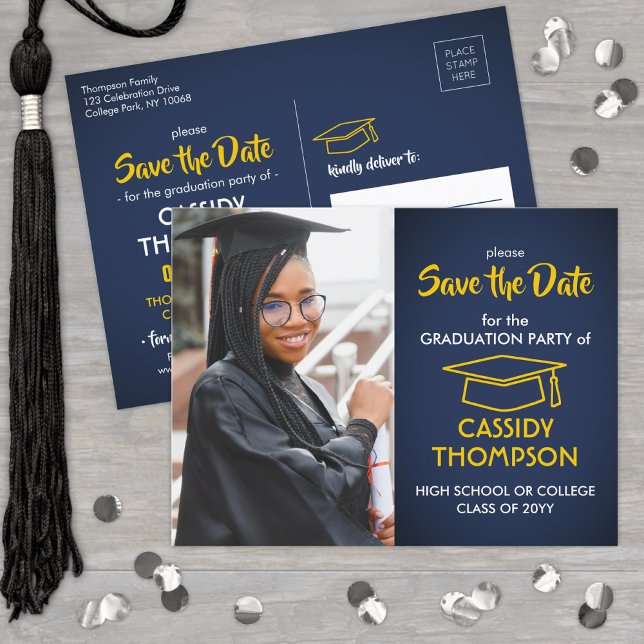 Navy Blue and Gold Graduation Photo Save the Date Postcard (Creator Uploaded)