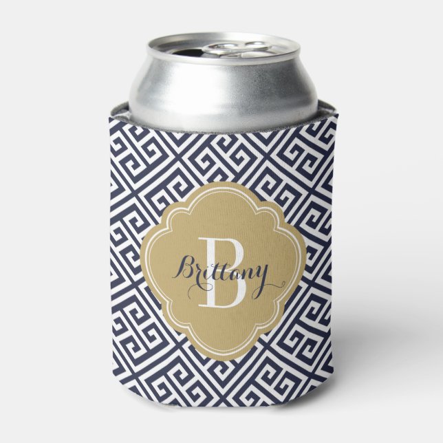 Navy Blue and Gold Greek Key Monogram Can Cooler (Can Front)