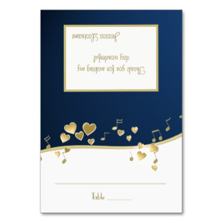 Navy Blue and Gold Hearts Music Seating Card