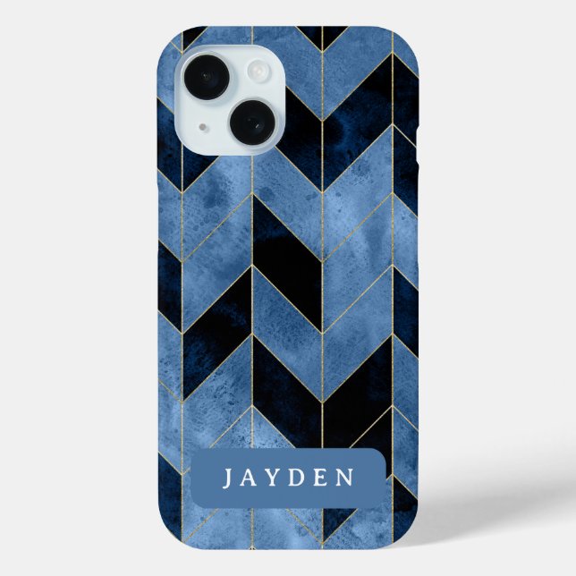 Navy Blue and Gold Herringbone Custom Name Case-Mate iPhone Case (Back)