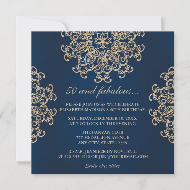 Navy Blue and Gold Indian Style 50th Birthday Invitation (Front)