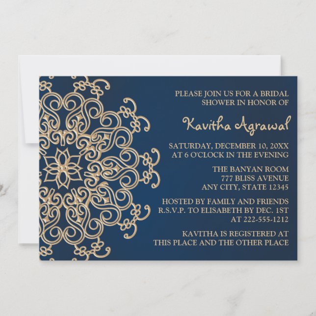 Navy Blue and Gold Indian Style Bridal Shower Invitation (Front)