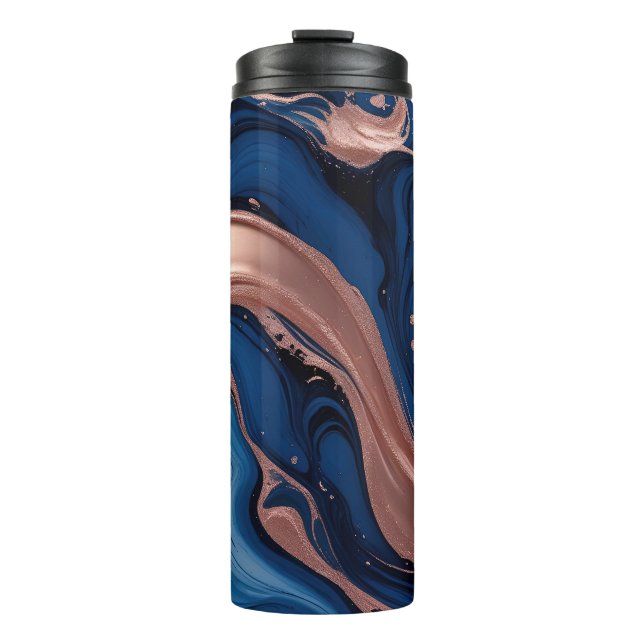 Navy Blue and Gold Liquid Marble Abstract Thermal Tumbler (Front)