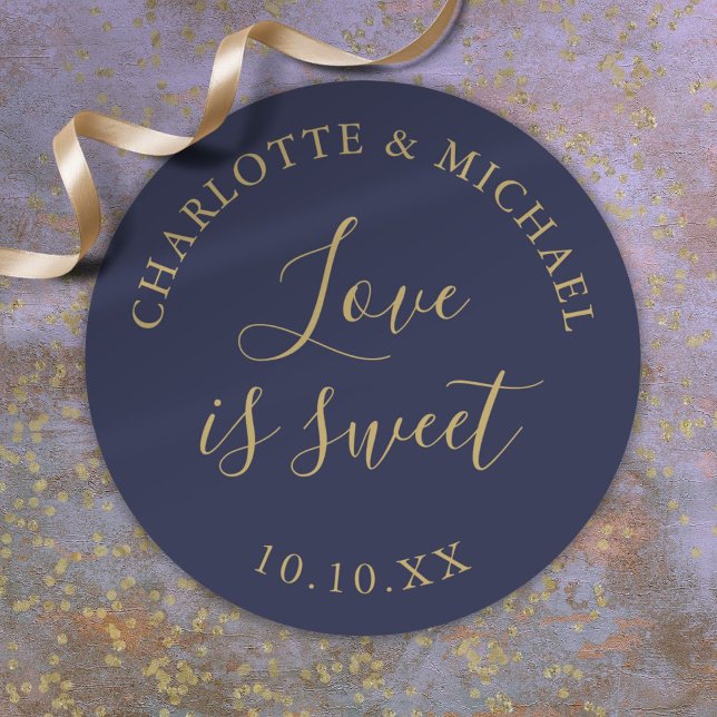 Navy Blue And Gold Love Is Sweet Wedding Favor  Classic Round Sticker (Navy Blue And Gold Love Is Sweet Wedding Favor Classic Round Sticker)