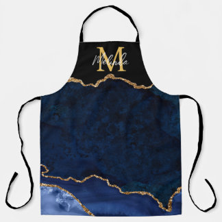Navy Blue and Gold Marble Agate Apron