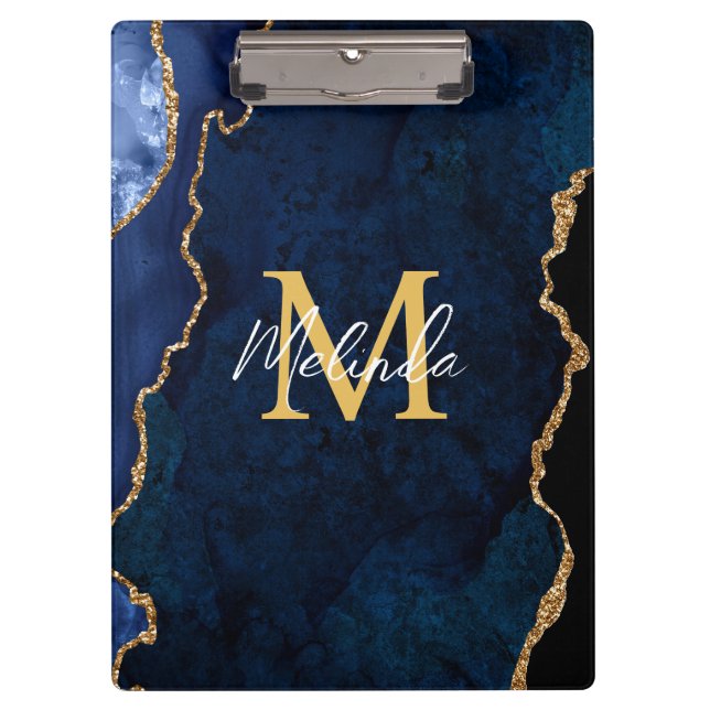 Navy Blue and Gold Marble Agate Clipboard (Front)