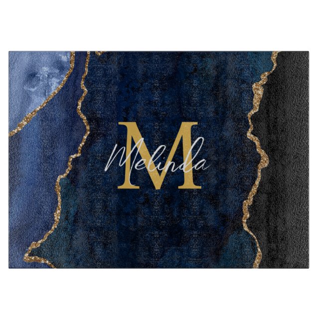 Navy Blue and Gold Marble Agate Cutting Board (Front)