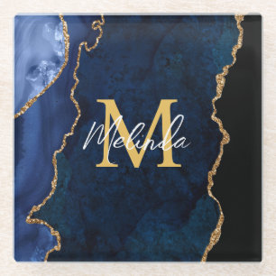 Navy Blue and Gold Marble Agate Glass Coaster