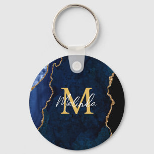 Navy Blue and Gold Marble Agate Key Ring