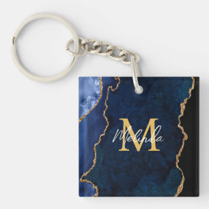 Navy Blue and Gold Marble Agate Key Ring