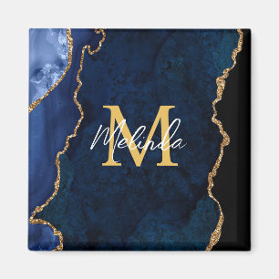 Navy Blue and Gold Marble Agate Magnet