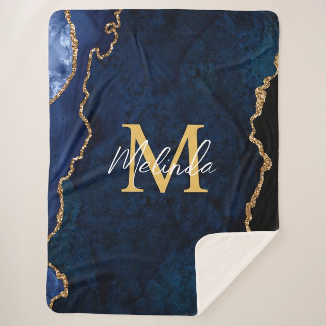 Navy Blue and Gold Marble Agate Sherpa Blanket (Front)
