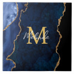 Navy Blue and Gold Marble Agate Tile<br><div class="desc">This tile features an elegant and glamourous agate marble background with geode gemstone detailing and faux gold glitter accents. The monogram combines handwritten script and modern sans serif fonts for a classy and sophisticated look. This will make the ideal gift as it can be customised with a name and initial....</div>