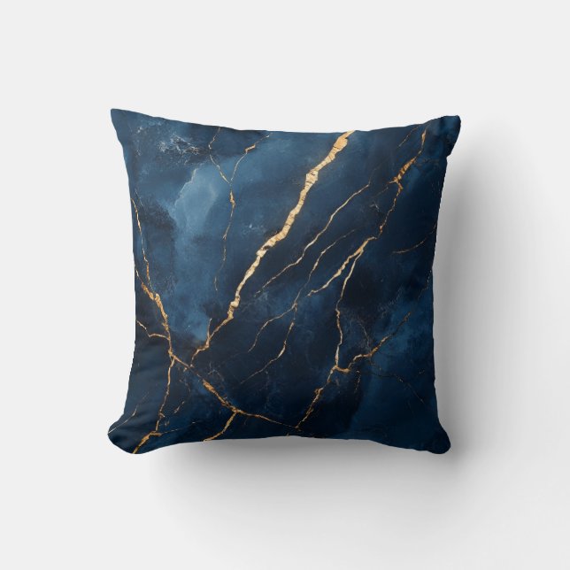 Navy Blue and Gold Marble Decorative Throw Pillow  (Front)