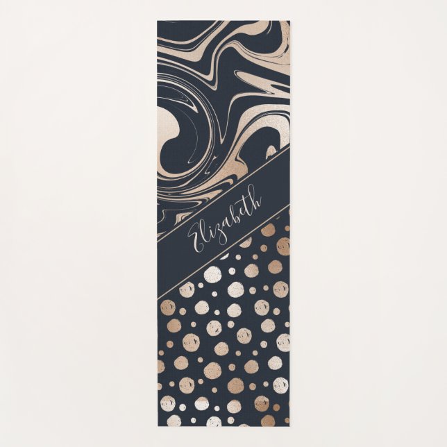 Navy blue and gold marble & golden dots stylish yoga mat (Front)