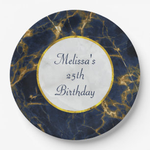 Navy Blue and Gold Marble Modern Stylish Birthday Paper Plate