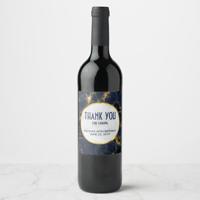 Navy Blue and Gold Marble Modern Stylish Birthday Wine Label (Front)