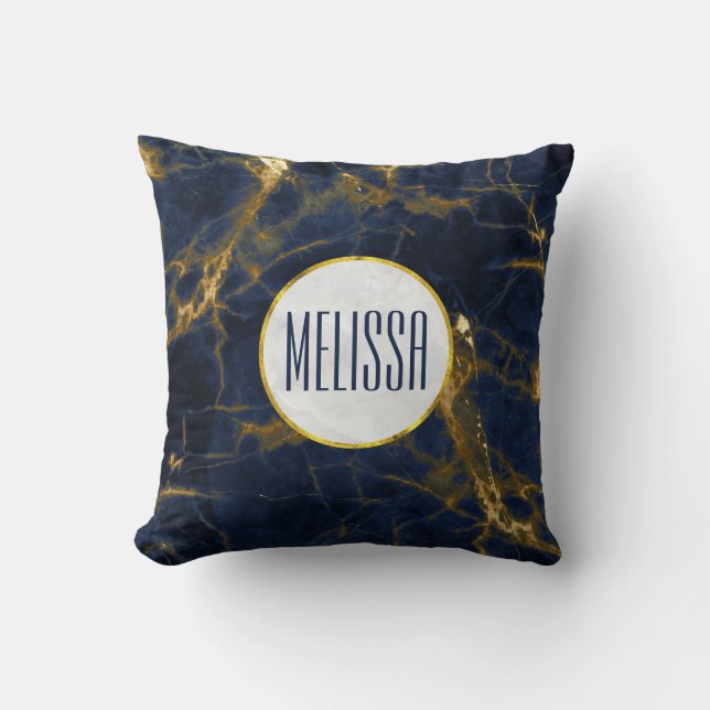 Navy Blue and Gold Marble Modern Stylish Cushion (Front)