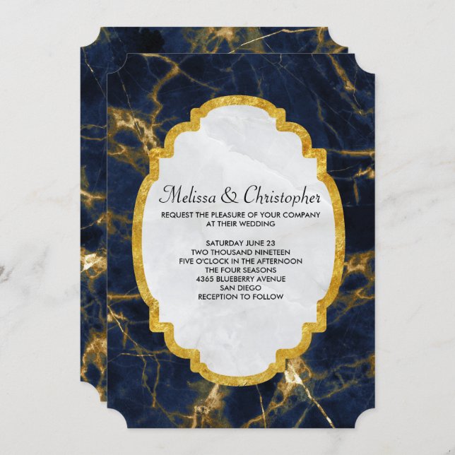 Navy Blue and Gold Marble Modern Stylish Wedding Invitation (Front/Back)