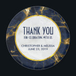 Navy Blue and Gold Marble Modern Stylish Wedding Magnet<br><div class="desc">Wedding favour magnets with a stylish and elegant background of navy blue and gold marble.  
Layered over top is a circle with a faux gold foil border with your personalised text inside.</div>