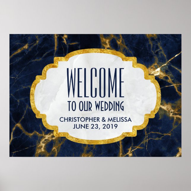 Navy Blue and Gold Marble Modern Wedding Welcome Poster (Front)