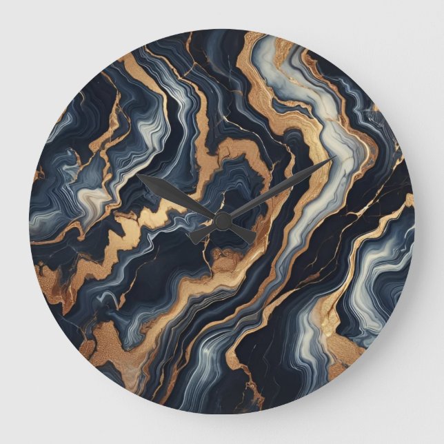 Navy Blue and Gold Marble Painting Abstract Large Clock (Front)