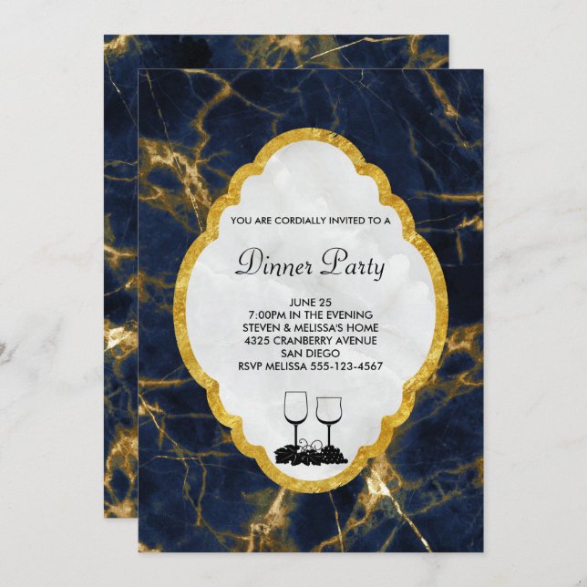Navy Blue and Gold Marble Stylish Dinner Party Invitation (Front/Back)