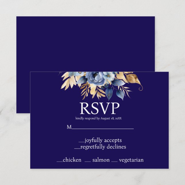 Navy Blue and Gold Menu Choices RSVP Response Card (Front/Back)