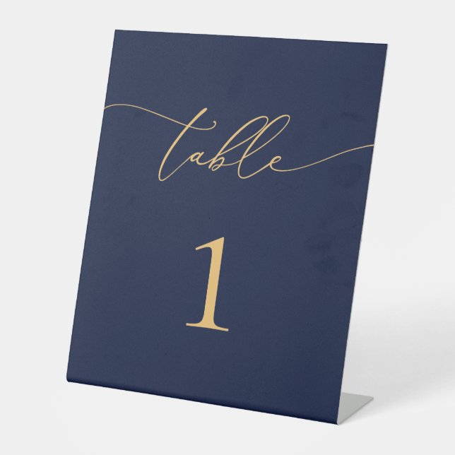 Navy Blue and Gold Minimalist Wedding Table Number Pedestal Sign (Front)