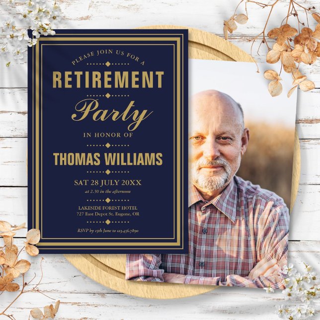 Navy Blue And Gold Modern Photo Retirement Party Invitation (Navy Blue And Gold Modern Photo Retirement Party Invitation)