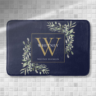 Navy Blue And Gold Monogram Greenery Leaves Bath Mat