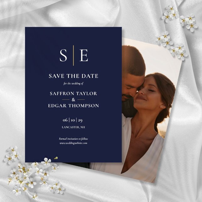 Navy Blue And Gold Monogram Photo Wedding Save The Date (Navy Blue And Gold Monogram Photo Wedding Save The Date)
