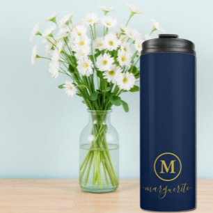 Navy Blue and Gold Monogram Thermal Tumbler