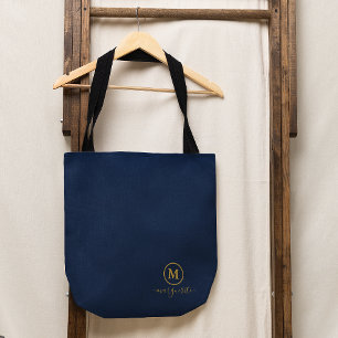 Navy Blue and Gold Monogram Tote Bag