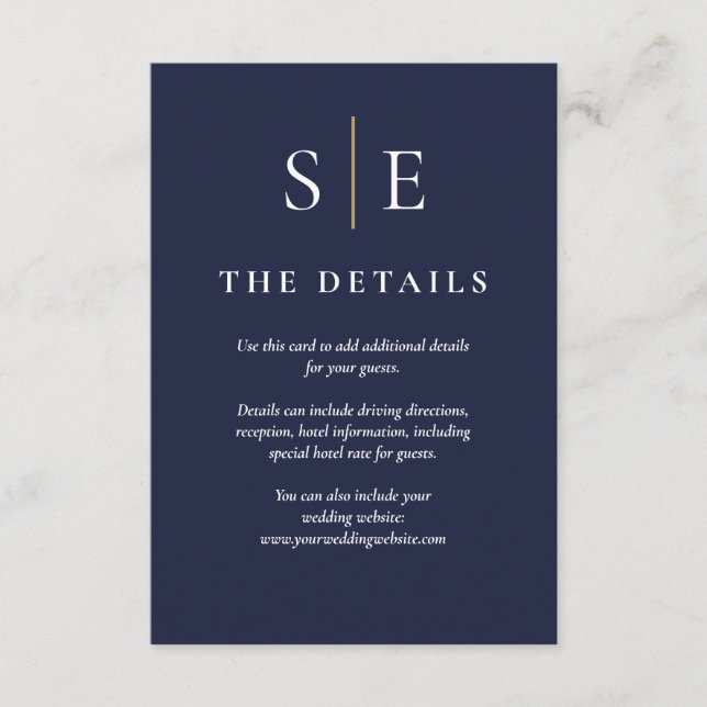 Navy Blue And Gold Monogram Wedding Details Enclosure Card (Front)