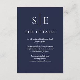Navy Blue And Gold Monogram Wedding Details Enclosure Card