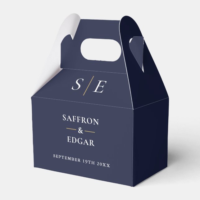 Navy Blue And Gold Monogram Wedding Favour Box (Front Side)