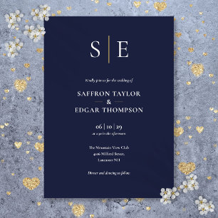 Navy Blue And Gold Monogram Wedding Invitation