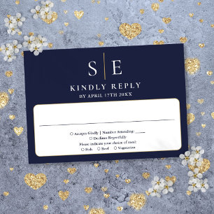 Navy Blue And Gold Monogram Wedding RSVP Card