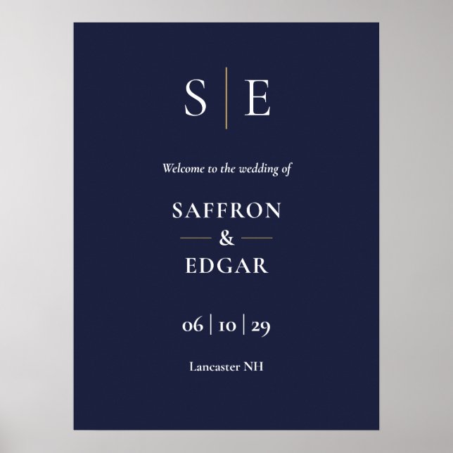 Navy Blue And Gold Monogram Wedding Welcome Sign (Front)
