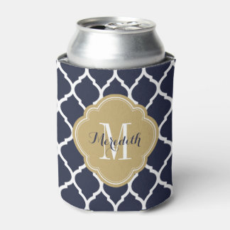Navy Blue and Gold Moroccan Quatrefoil Monogram Can Cooler