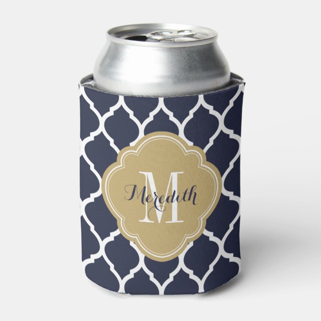 Navy Blue and Gold Moroccan Quatrefoil Monogram Can Cooler (Can Front)