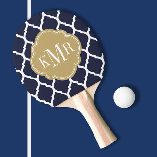 Navy Blue and Gold Moroccan Quatrefoil Monogram Ping Pong Paddle