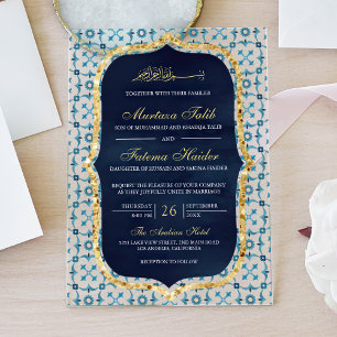 Navy Blue and Gold Moroccan Tile Islamic Wedding Acrylic Invitations