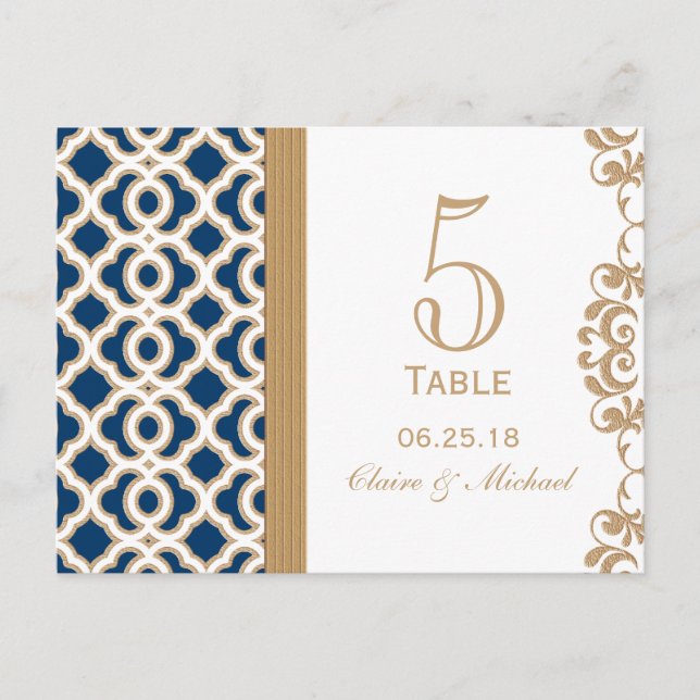 Navy Blue and Gold Moroccan Wedding Table Number Postcard (Front)