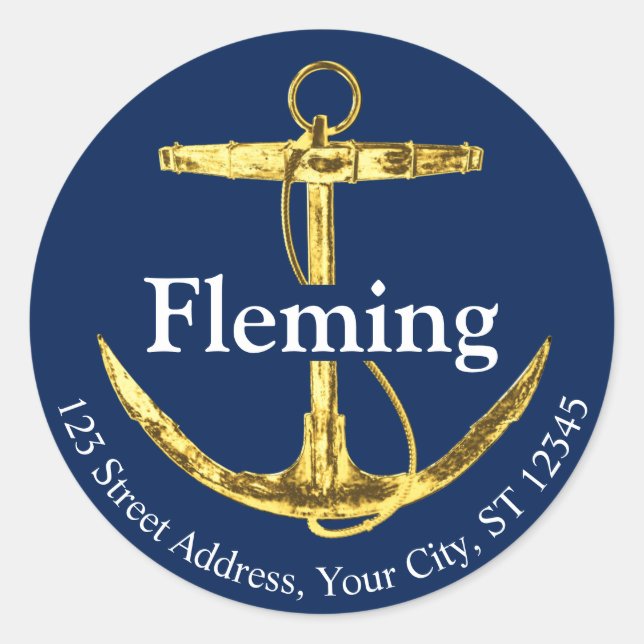 Navy Blue and Gold Nautical Anchor Wedding Classic Round Sticker (Front)