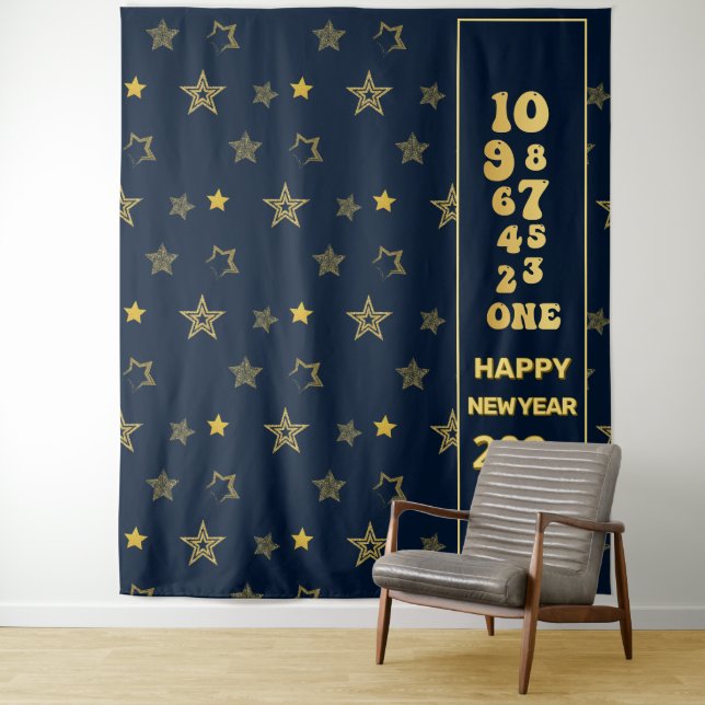 Navy Blue and Gold New Years Eve Countdown Party Tapestry (In Situ)