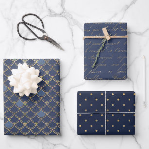 Navy blue and gold ocean themed seamless wrapping paper sheet
