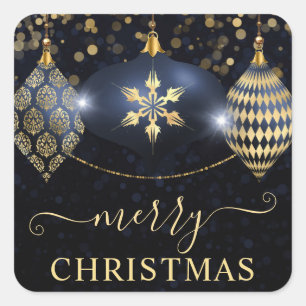 Navy Blue and Gold Ornaments Baubles Christmas Square Sticker